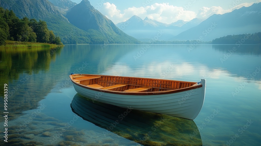 A serene boat on calm waters surrounded by mountains. A serene boat on calm waters surrounded by mountains.