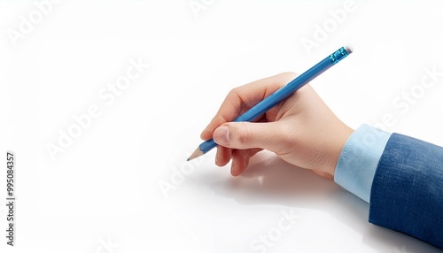 Close up of hand writing with blue pencil on white background