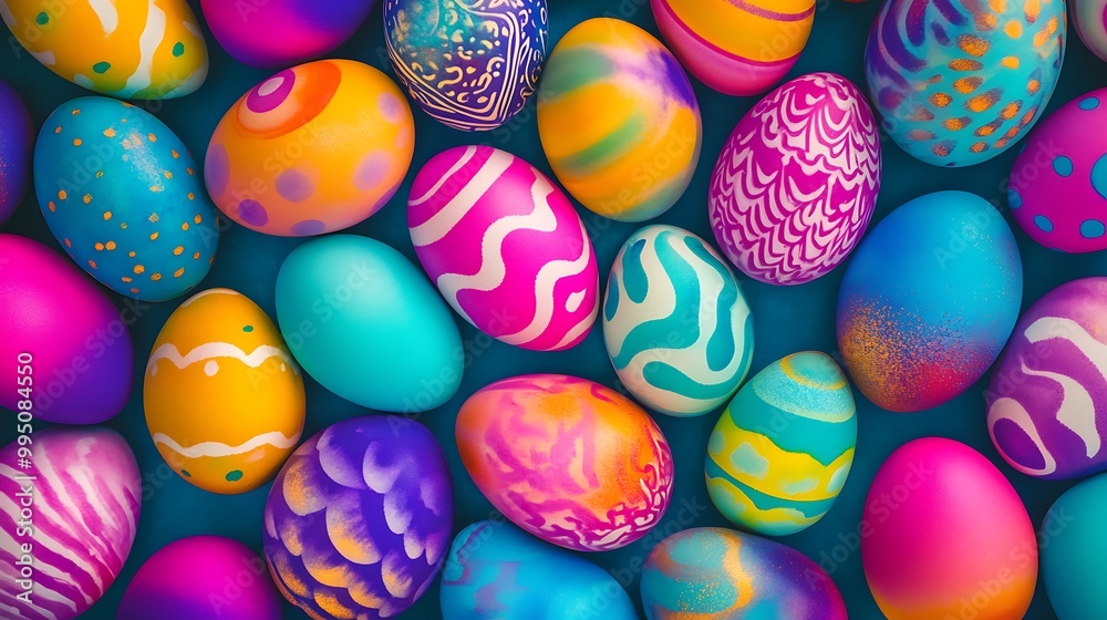 Fototapeta premium A vibrant assortment of Easter eggs in various hues, arranged neatly in a topdown view