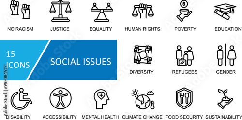 Social Issues icon set. Justice, Equality, Human Rights, Poverty, Education, Disability, Racism, Diversity, Refugees, Gender, Accessibility, Mental Health, Climate Change, Food Security, Sustainabilit