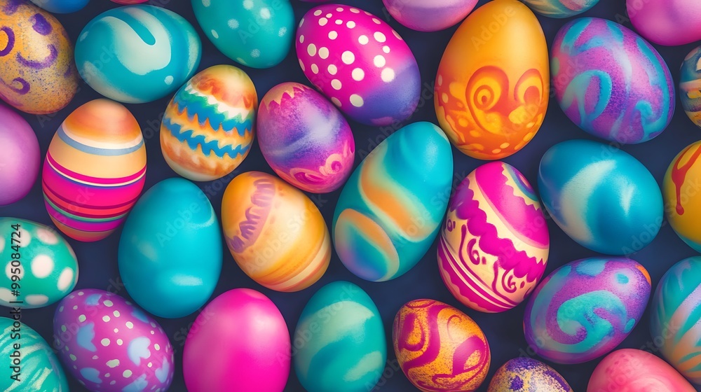 A vibrant assortment of Easter eggs in various hues, arranged neatly in a topdown view A vibrant assortment of Easter eggs in various hues, arranged neatly in a topdown view