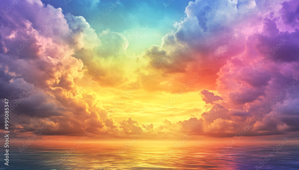 A dreamy sky transitioning from a golden sunset to a full spectrum of rainbow colors, giving off a vibrant yet calming feel A dreamy sky transitioning from a golden sunset to a full spectrum of rainbow colors, giving off a vibrant yet calming feel
