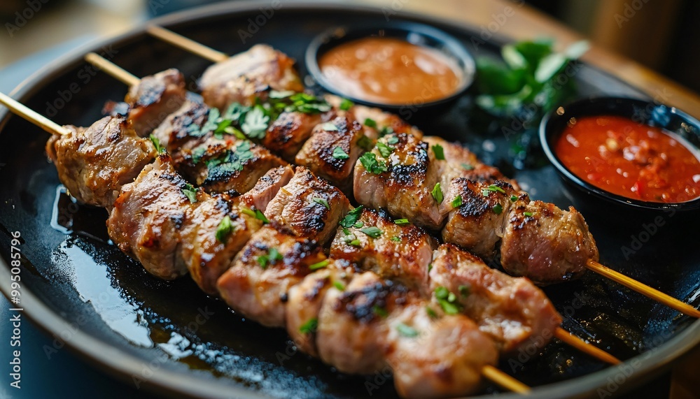 Delicious grilled meat skewers served with sauce in an elegant plate for a mouthwatering culinary experience. Delicious grilled meat skewers served with sauce in an elegant plate for a mouthwatering culinary experience.