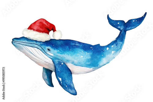 Festive Whale in Santa Hat, Watercolor Illustration. Isolated on transparent background. photo