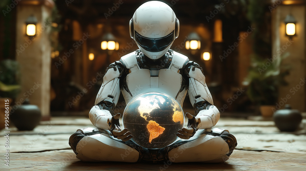 A robot meditates, holding a glowing Earth in its hands, symbolizing a fusion of technology and nature, reflecting on humanity's future and global unity. A robot meditates, holding a glowing Earth in its hands, symbolizing a fusion of technology and nature, reflecting on humanity's future and global unity.