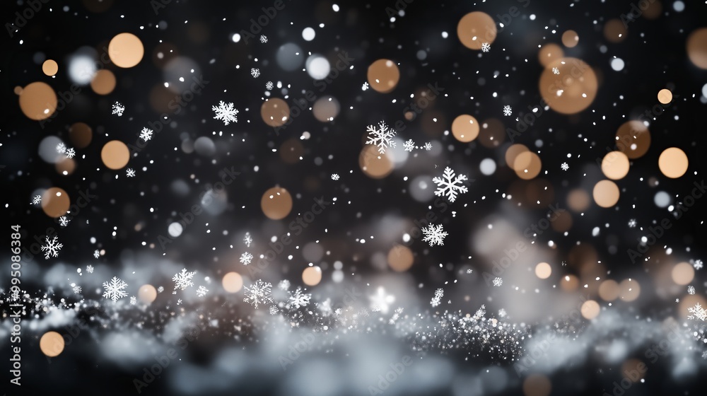 Snowflakes fall against a black background, creating a magical, tranquil winter scene. Snowflakes fall against a black background, creating a magical, tranquil winter scene.