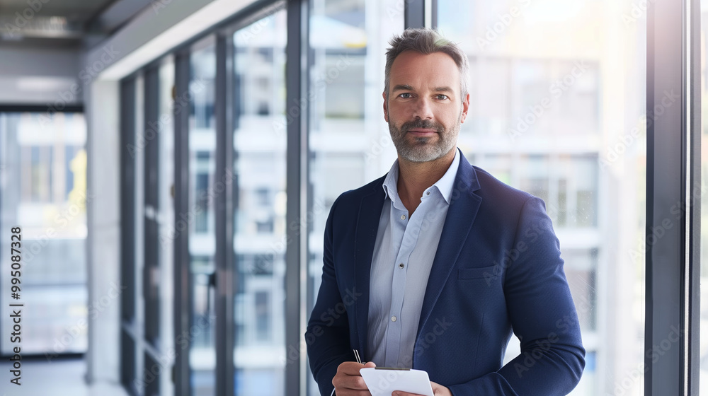 Confident businessman in modern office holding notepad with financial tips, exuding success and prosperity in professional environment. Confident businessman in modern office holding notepad with financial tips, exuding success and prosperity in professional environment.