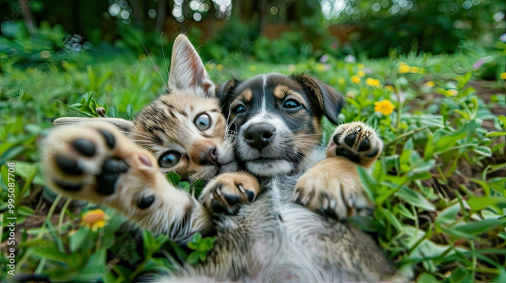 Obraz premium Two playful kittens and a puppy taking a selfie with big smiles, lounging on a lush green lawn.