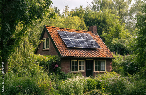 Wallpaper Mural A traditional Dutch house with solar panels on the roof, surrounded by lush greenery and trees in an urban park setting Torontodigital.ca