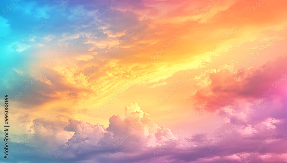 A dreamy sky transitioning from a golden sunset to a full spectrum of rainbow colors, giving off a vibrant yet calming feel