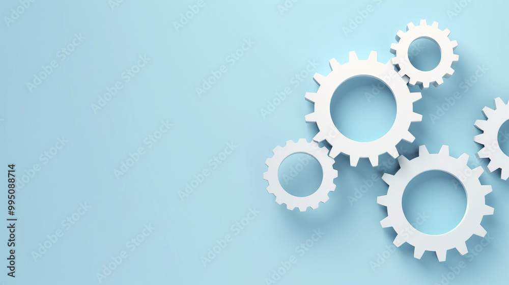 Three interlocking white gears symbolizing teamwork, process, and industry on a light blue background Three interlocking white gears symbolizing teamwork, process, and industry on a light blue background