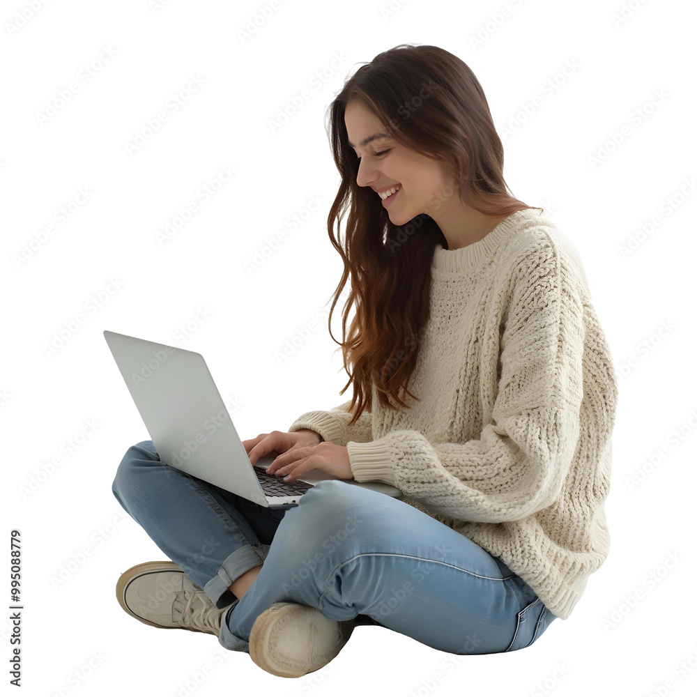Naklejka premium Smiling Young Woman Sitting Cross-Legged Using Laptop on Transparent Background