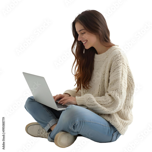 Smiling Young Woman Sitting Cross-Legged Using Laptop on Transparent Background photo