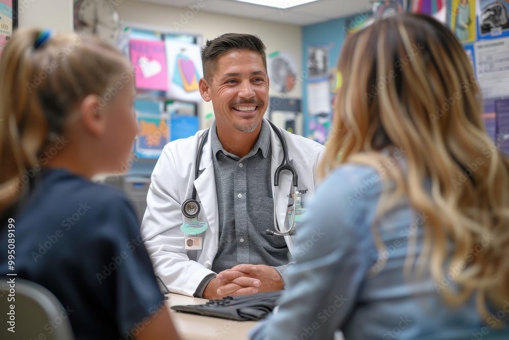 A doctor is talking to a young girl and her mother A doctor is talking to a young girl and her mother