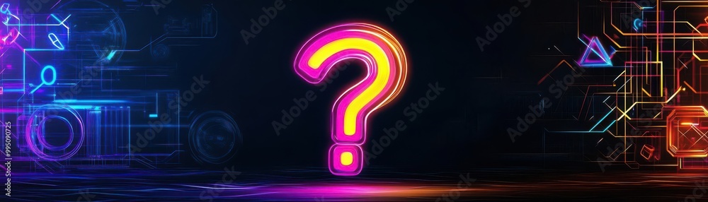 A glowing question mark floating in a futuristic, dark room, surrounded by abstract symbols and light trails, Sci-fi, Neon, Digital, Symbolizing a riddle waiting to be solved A glowing question mark floating in a futuristic, dark room, surrounded by abstract symbols and light trails, Sci-fi, Neon, Digital, Symbolizing a riddle waiting to be solved