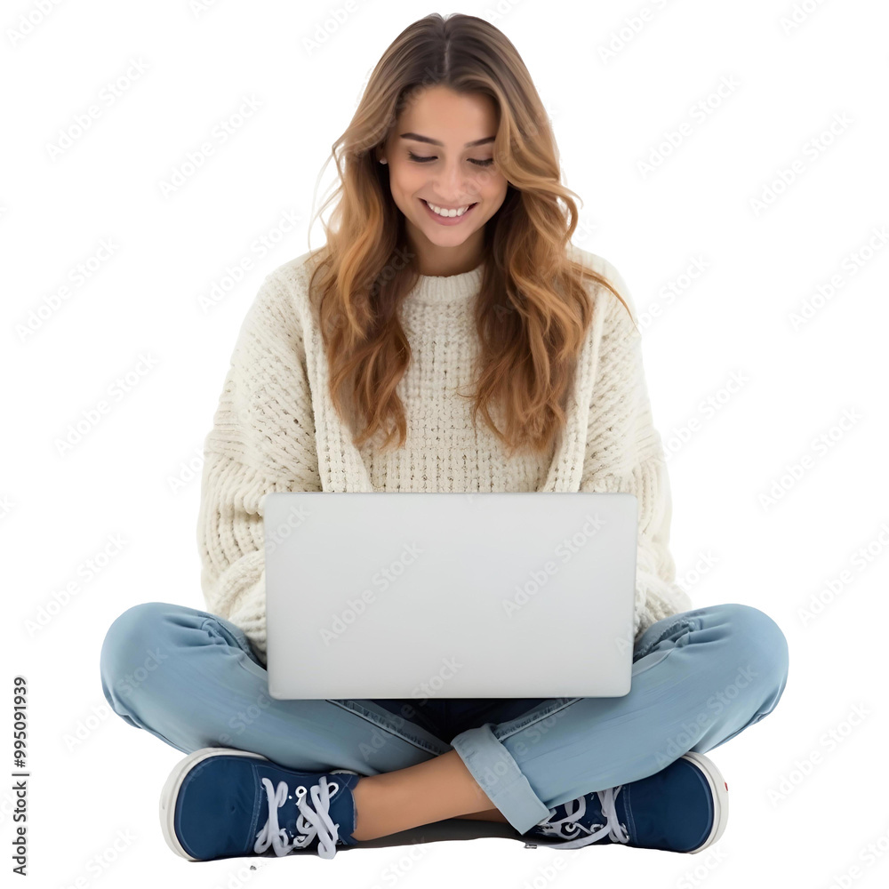 Fototapeta premium Smiling Young Woman Sitting Cross-Legged Using Laptop on Transparent Background