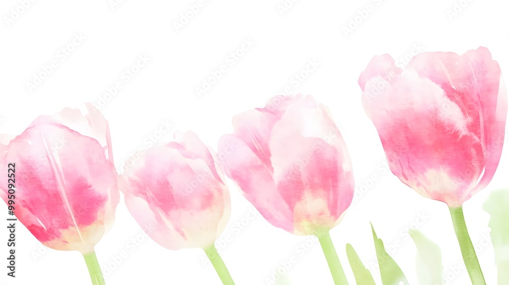 Obraz premium Watercolor Pink Tulips Spring Flowers Isolated White Background