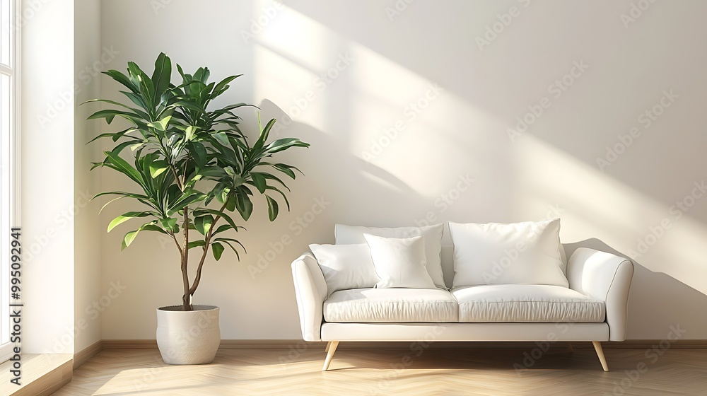 Bright living room with a sofa and indoor plant.