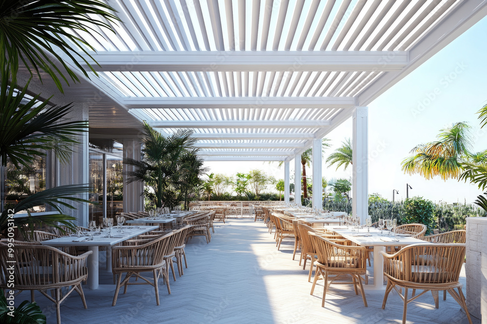 Fototapeta premium An outdoor dining area with white louvered panels on the roof