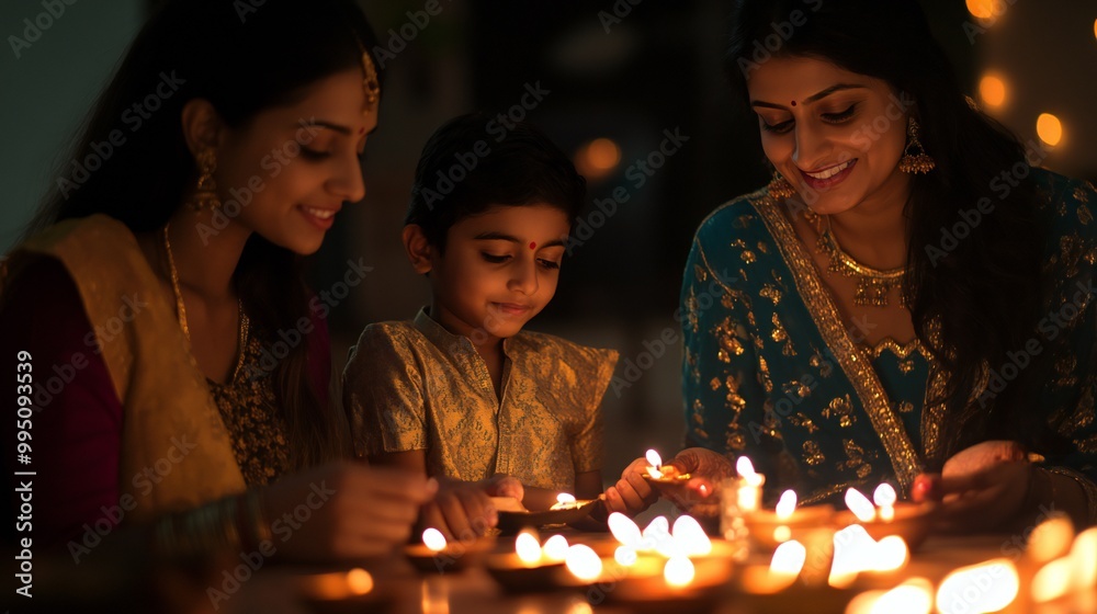 A family gathered around diyas, with the soft bokeh of Diwali lights creating a warm atmosphere. A family gathered around diyas, with the soft bokeh of Diwali lights creating a warm atmosphere.