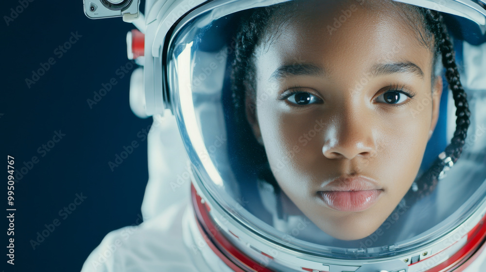 A close up portrait of young girl wearing an astronaut helmet, showcasing her focused expression and curiosity about space exploration. image captures wonder of childhood dreams A close up portrait of young girl wearing an astronaut helmet, showcasing her focused expression and curiosity about space exploration. image captures wonder of childhood dreams