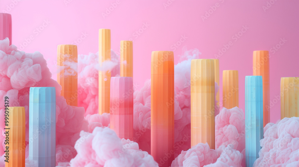 Colorful abstract bars emerging from fluffy pink clouds, representing creativity, growth, and imagination Colorful abstract bars emerging from fluffy pink clouds, representing creativity, growth, and imagination
