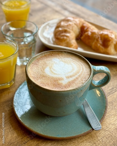 Breakfast or brunch table scene on a wooden background. Above view. 