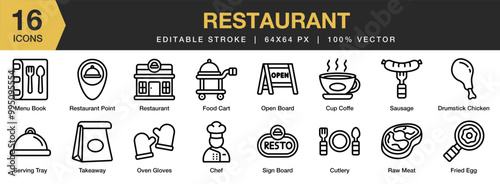 Restaurant icon set. Editable Stroke Icon Collection. Includes food cart, fried egg, menu book, open board, and More. Outline icons vector collection.