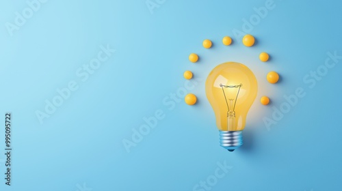 A glowing light bulb surrounded by yellow dots on a blue background, symbolizing ideas and creativity.