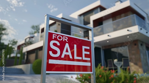 Clean red Real Estate Sign "FOR SALE" in Front of New modern House