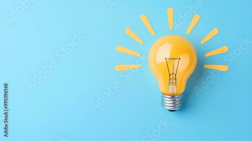 Bright yellow light bulb against a blue background, symbolizing ideas and inspiration, perfect for creativity and innovation themes.