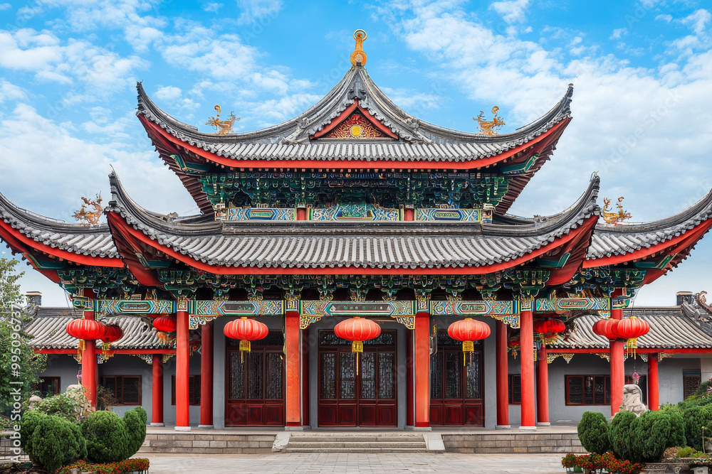 A grand, traditional Chinese temple with a symmetrical, multi-tiered roof design, featuring ornate upturned eaves and intricate architectural details A grand, traditional Chinese temple with a symmetrical, multi-tiered roof design, featuring ornate upturned eaves and intricate architectural details