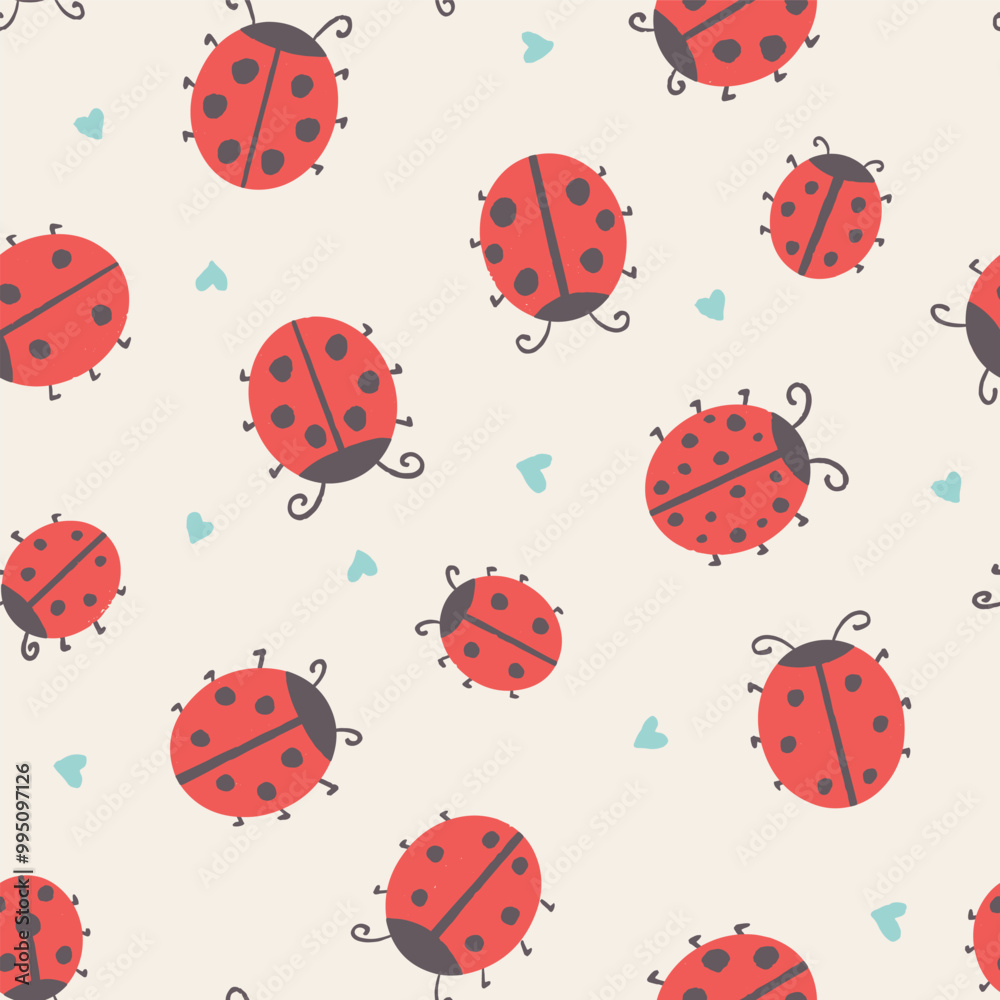 Seamless vector pattern with cute red ladybugs tossed on cream white background, kids textile Seamless vector pattern with cute red ladybugs tossed on cream white background, kids textile