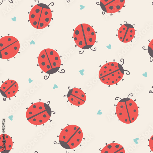 Seamless vector pattern with cute red ladybugs tossed on cream white background, kids textile