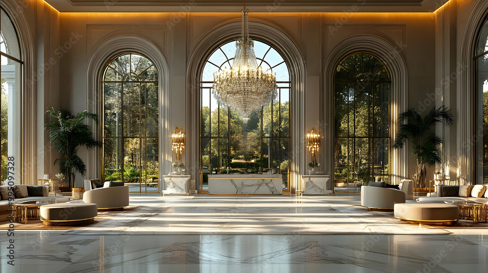 Elegant Lobby Design with Chandelier and Marble Floor Elegant Lobby Design with Chandelier and Marble Floor