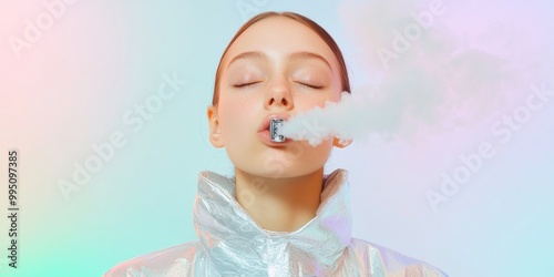 Teenage East Asian Girl in Futuristic Chrome Attire Vaping in Urban Setting photo