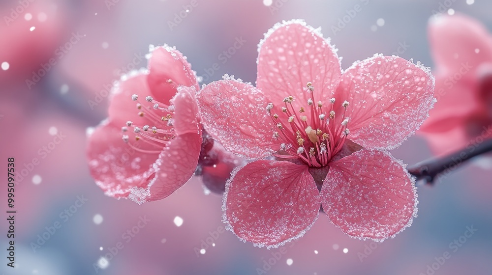 Delicate pink blossoms covered in frost against a soft background. Delicate pink blossoms covered in frost against a soft background.