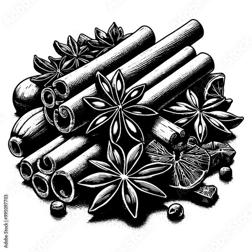 Spice for cooking. Detailed black and white. Recipe and nutrition concept. Vector, generative ai.