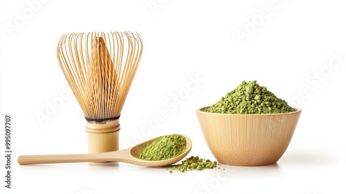 A bamboo whisk and bowls of vibrant green matcha powder highlight the art of traditional Japanese tea preparation.