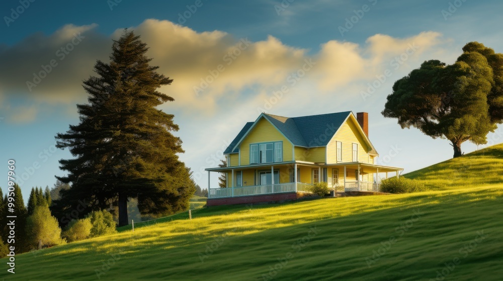 Obraz premium A charming yellow house sits brightly on a lush green hill under a partly cloudy sky, radiating warmth and cheerfulness in a serene countryside setting.