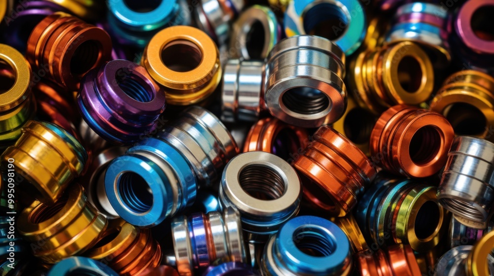 A close-up shot of multicolored metal bushings with threaded interiors, displaying vibrant hues and precise manufacturing. A close-up shot of multicolored metal bushings with threaded interiors, displaying vibrant hues and precise manufacturing.