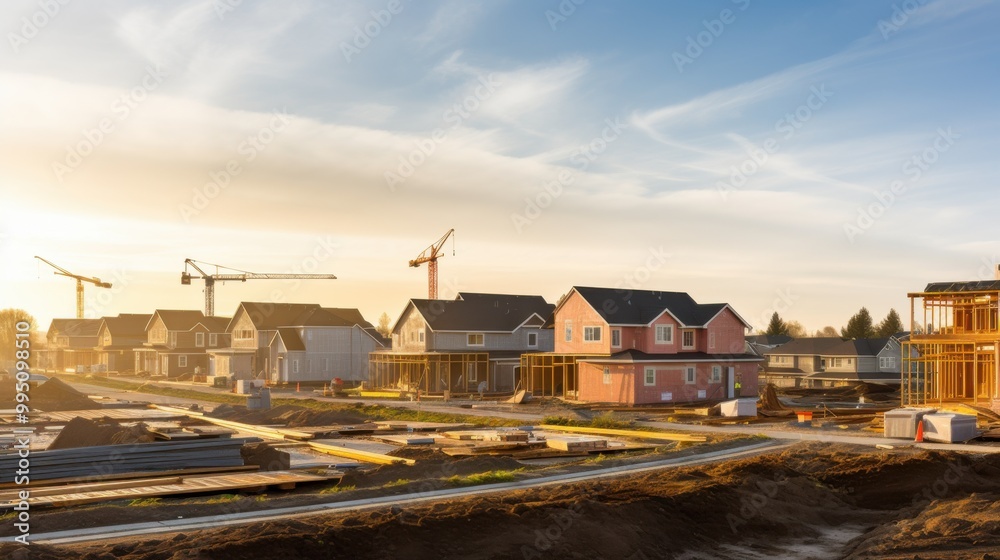 A serene suburban neighborhood under development, with houses in various construction stages and cranes in the background at dawn. A serene suburban neighborhood under development, with houses in various construction stages and cranes in the background at dawn.