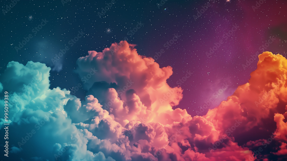 Starry night sky with fluffy clouds, creating a serene and dreamy atmosphere in a celestial scene Starry night sky with fluffy clouds, creating a serene and dreamy atmosphere in a celestial scene