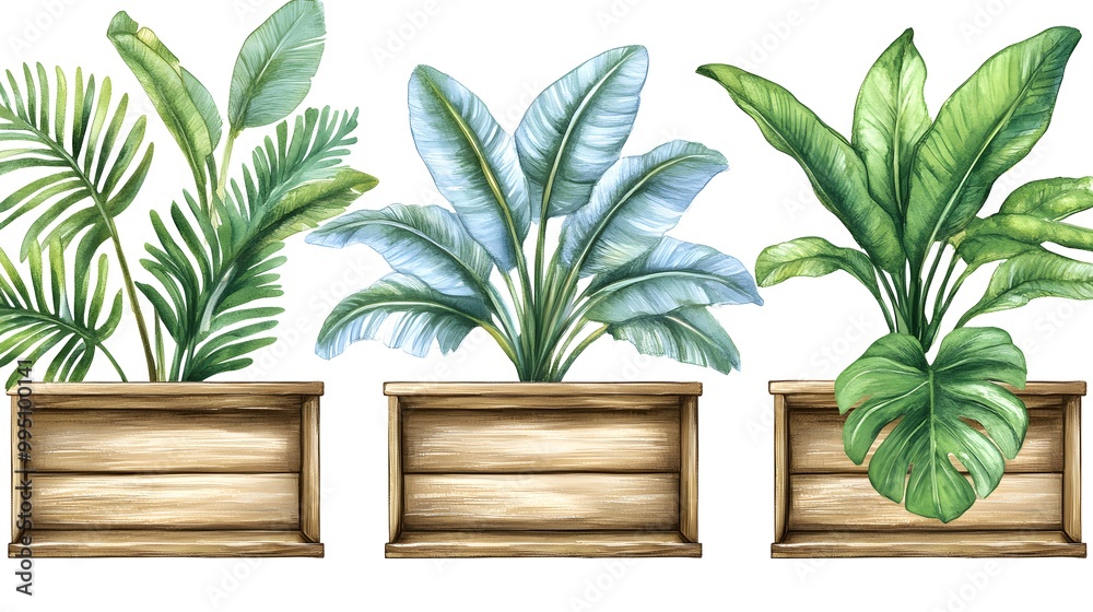 Watercolor Tropical Leaves in Wooden Planters Set Watercolor Tropical Leaves in Wooden Planters Set