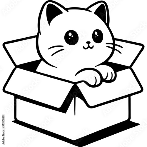Small white kitten peeks out of a cardboard box in monochrome. Simple minimalistic vector in black ink drawing on transparent background