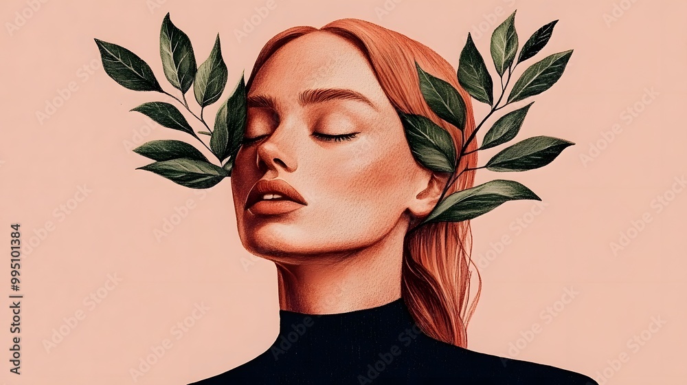 Woman with Green Leaves and Peach Background Woman with Green Leaves and Peach Background