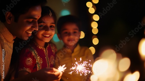 Parents watching children play with sparklers, the vibrant Diwali lights softly blurred behind them.