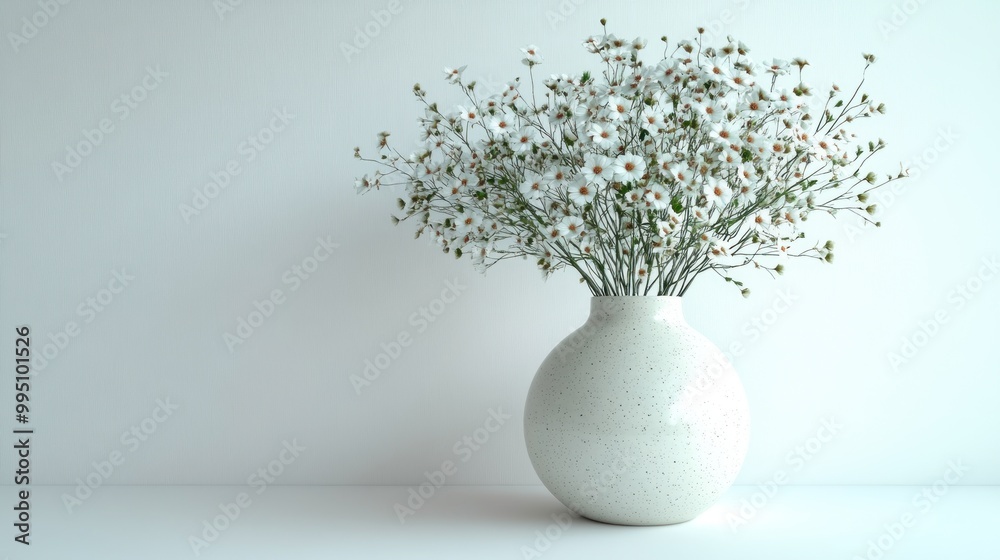A simple vase filled with white flowers on a light background. A simple vase filled with white flowers on a light background.