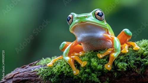 Curious Tree Frog Perched on Mossy Branch with Vibrant Colors and Textures