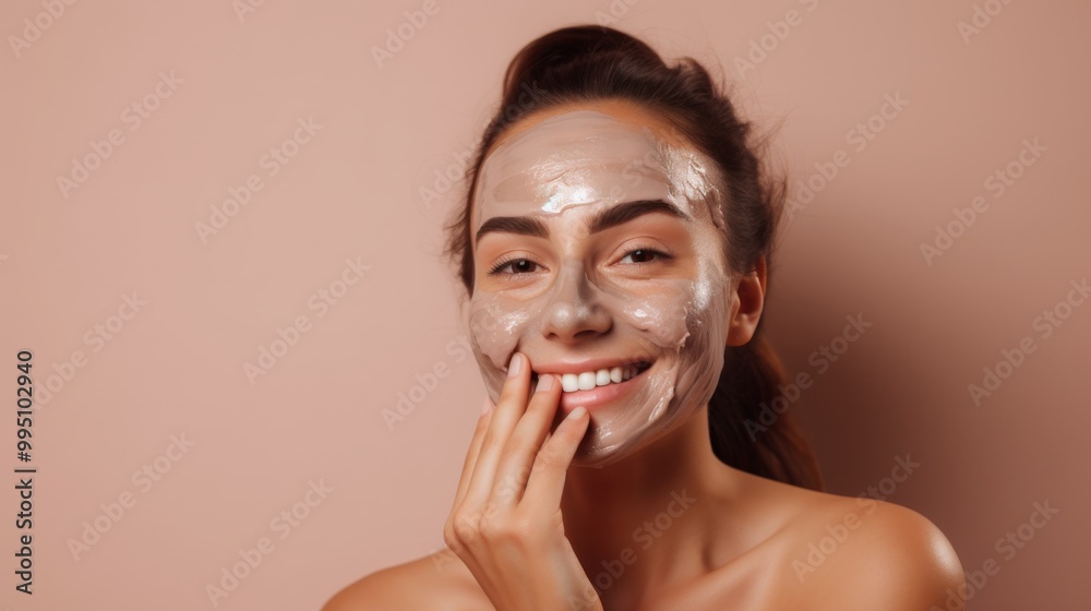 A beautiful young woman applying a facial mask, smiling at the camera with a fresh and radiant glow, set against a neutral background. A beautiful young woman applying a facial mask, smiling at the camera with a fresh and radiant glow, set against a neutral background.